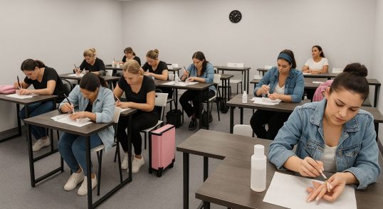 Tre elever fokuserade p&aring; nagelutbildning i klassrum med handledare.