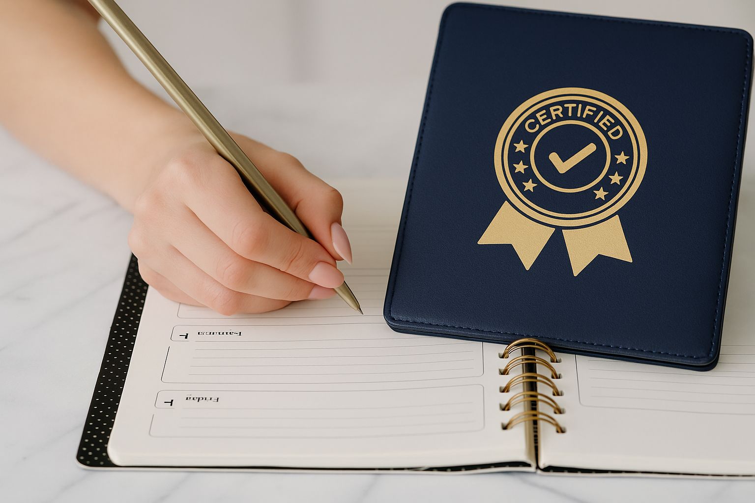 Certifikat i pärm som visar texten 'Manikyristexamen' och guldmedalj