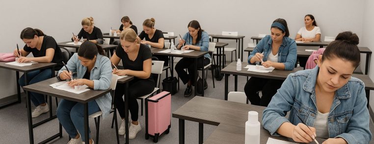 Tre elever fokuserade på nagelutbildning i klassrum med handledare.